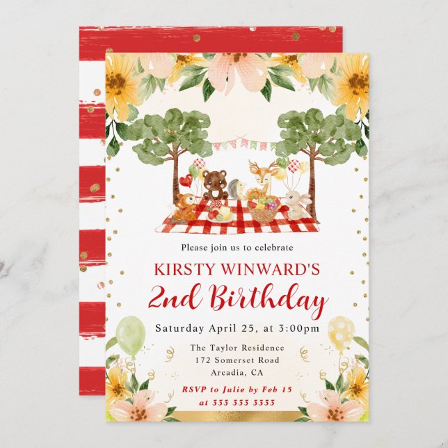 Aquarell Woodland Tiere Picnic Kindergeburtstag Einladung (Vorne/Hinten)