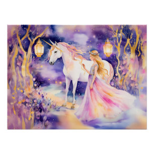 Aquarell Wunderschöne Prinzessin und Einhorn Poster