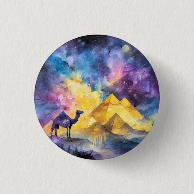 Aquarell Wüsten-Galaxie-Kamel-Pyramide-Reise Button (Vorderseite)