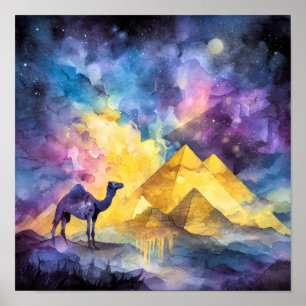 Aquarell-Wüsten-Galaxie-Kamel-Pyramide-Reise Poster