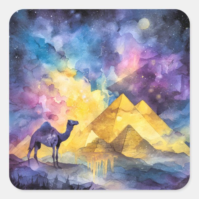 Aquarell Wüsten-Galaxie-Kamel-Pyramide-Reise Quadratischer Aufkleber (Vorderseite)