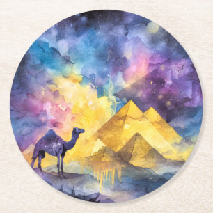 Aquarell Wüsten-Galaxie-Kamel-Pyramide-Reise Runder Pappuntersetzer
