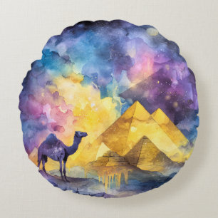 Aquarell Wüsten-Galaxie-Kamel-Pyramide-Reise Rundes Kissen