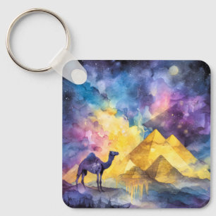 Aquarell-Wüsten-Galaxie-Kamel-Pyramide-Reise Schlüsselanhänger