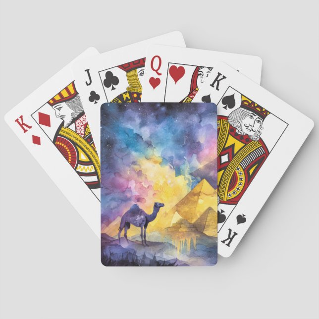 Aquarell Wüsten-Galaxie Kamel Pyramide Reise Spielkarten (Rückseite)