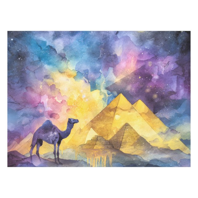 Aquarell Wüsten-Galaxie-Kamel-Pyramide-Reise Tischdecke (Vorderseite (Horizontal))