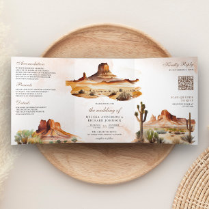 Aquarell-Wüstenberg-Kaktus-QR-Code-Hochzeit Dreifach Gefaltete Einladung
