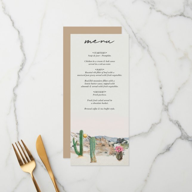 Aquarell-Wüstenkaktus-Boho-Hochzeit Menükarte (Vorderseite/Rückseite Beispiel)