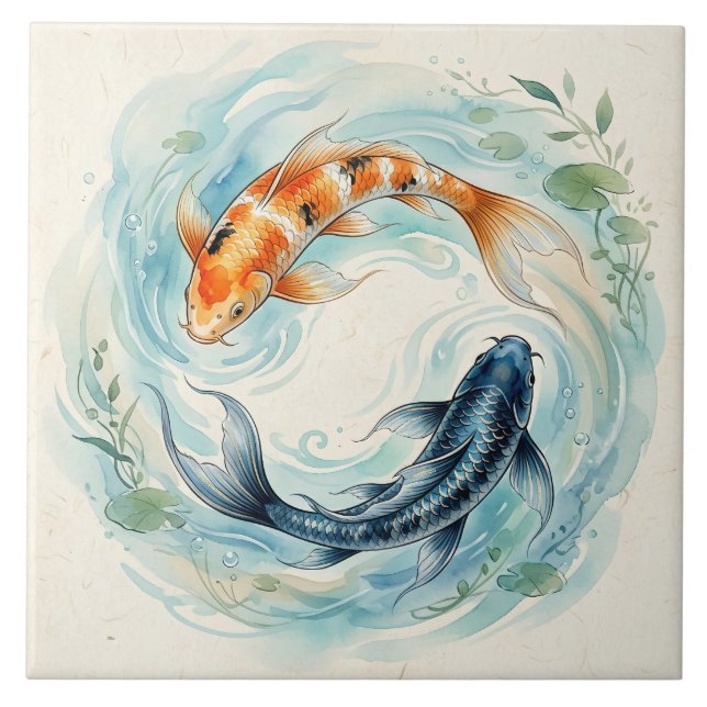 Aquarell Yin Yang Koi Fisch Fliese (Vorderseite)