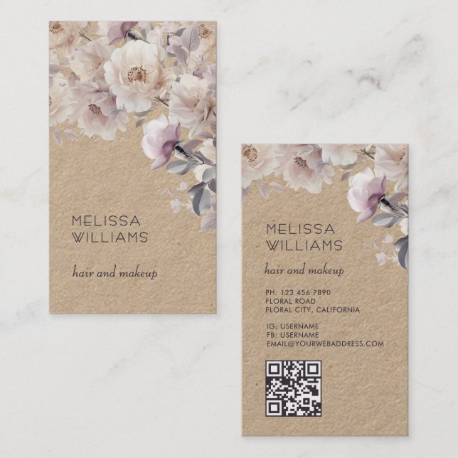 Aquarell Zarte Rosen | Qr Code Rustikal Visitenkarte (Vorne/Hinten)