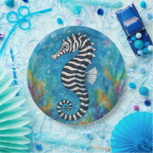 Aquarell-Zebra-Seepferdchen Pappteller