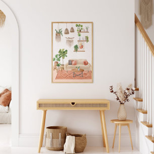 Aquarell-Zimmerpflanzen im Boho-Stil-Haus Poster
