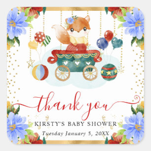 Aquarell-Zirkus-Fuchs-Zug Floral Baby Shower Quadratischer Aufkleber