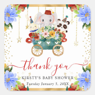 Aquarell-Zirkustiere-Zug Floral Baby Shower Quadratischer Aufkleber
