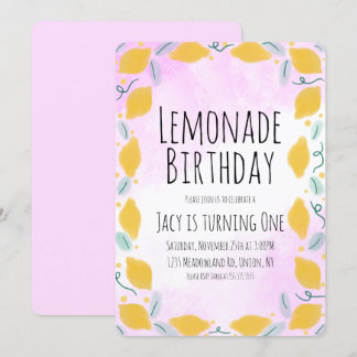 Aquarell Zitrone Geburtstag Rosa Gelbe Grenze Kuns Einladung