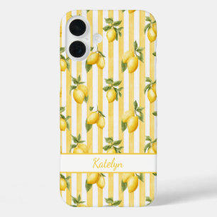 Aquarell-Zitronen auf gelben Streifen monogrammier iPhone 16 Plus Hülle
