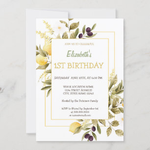 Aquarell-Zitronen-Blumen-Oliven-Geburtstag Einladung