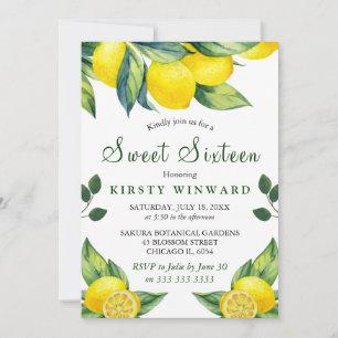 Aquarell-Zitronen-Blumen Sweet 16 Einladung