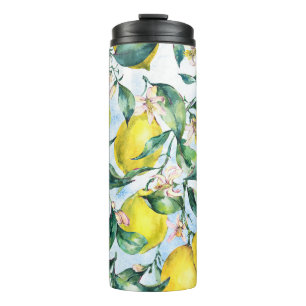 Aquarell-Zitronen, frischer Zitruszweig. Thermosbecher