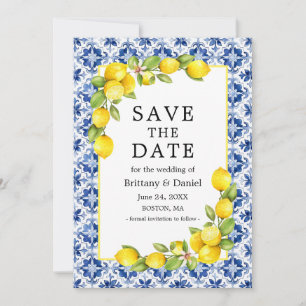 Aquarell-Zitronen Grünzeug Blaue Fliesen Save The Date