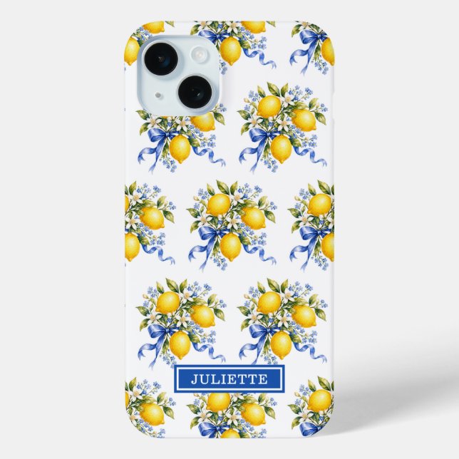 Aquarell-Zitronen mit blauem Blumenmonogramm Case-Mate iPhone Hülle (Rückseite)