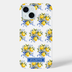 Aquarell-Zitronen mit blauen Blumen monogrammiert Case-Mate iPhone Hülle