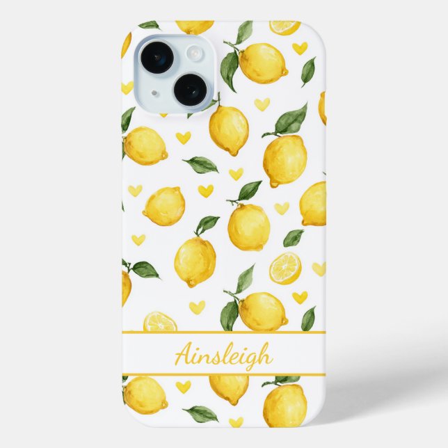 Aquarell-Zitronen mit monogrammierten Herzen Case-Mate iPhone Hülle (Rückseite)