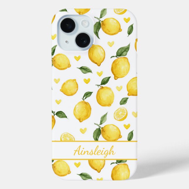 Aquarell-Zitronen mit monogrammierten Herzen Case-Mate iPhone Hülle (Rückseite)