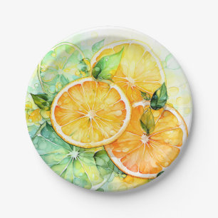 Aquarell-Zitronen-Orange-Lime-Botanik-Küche Pappteller