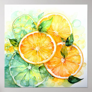 Aquarell-Zitronen-Orange-Lime-Botanik-Küche Poster