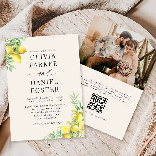 Aquarell-Zitronen-QR-Code-Foto-Hochzeit Einladung (Von Creator hochgeladen)