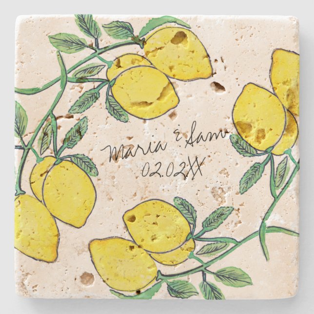 Aquarell-Zitronen-Script-Hochzeit  Steinuntersetzer (Vorderseite)