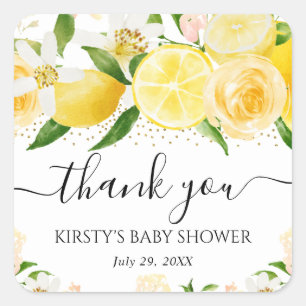 Aquarell-Zitronen und Blumen Baby Shower Quadratischer Aufkleber