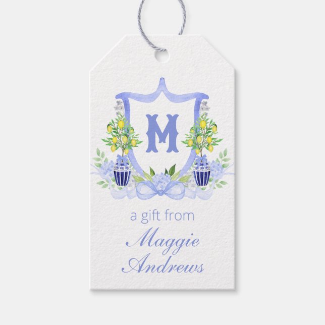 Aquarell-Zitronenbaum-Monogrammwappen Geschenkanhänger (Vorderseite)