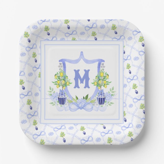 Aquarell-Zitronenbaum-Monogrammwappen Pappteller (Vorderseite)