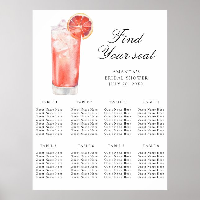Aquarell-Zitrus-Cocktail-Hochzeit Sitzordnung Poster (Vorne)