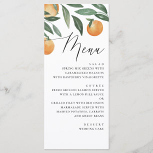 Aquarell-Zitrus-Hochzeit Elegantes Skript Orange Menükarte