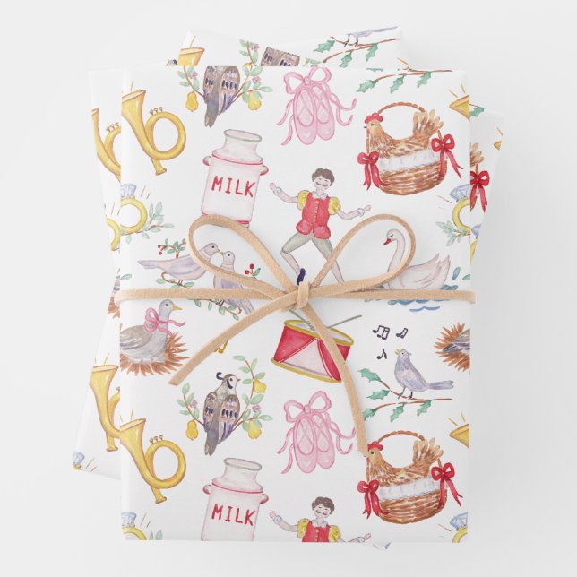 Aquarell Zwölf Tage Weihnachts-Foto Geschenkpapier Set (Beispiel)