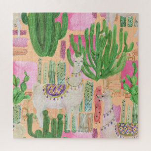Aquarellamas, Kakteen: nahtloses Muster. Puzzle