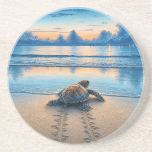 Aquarellbaby-Meerschildkröte auf sandigem Strand Getränkeuntersetzer