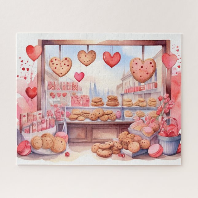 Aquarellbad Altstadt Valentinstag Cookie Shop Puzzle (Horizontal)