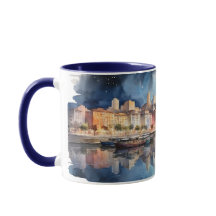 Aquarellbad City Night View mit See, Fischerboot