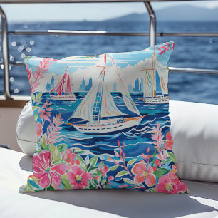 Aquarellbahn Sailboote Küste Pink Floral Citycape Kissen