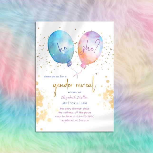 Aquarellballon Pink Blue Glitzer Gender Reveal Einladung (Von Creator hochgeladen)