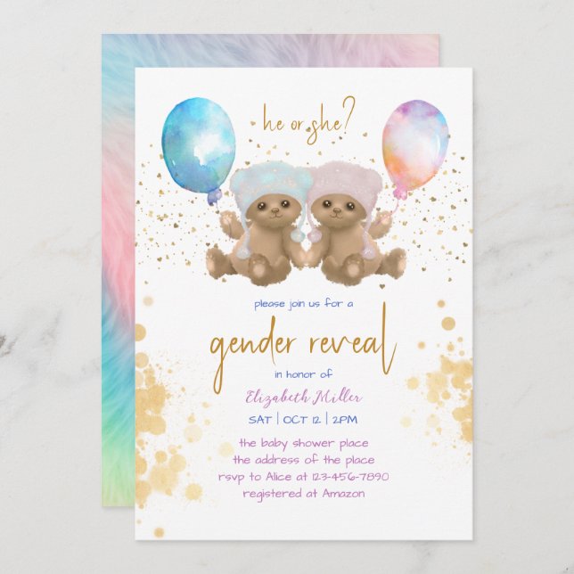 Aquarellballon Teddy Bear Funny Gender Reveal Einladung (Vorne/Hinten)