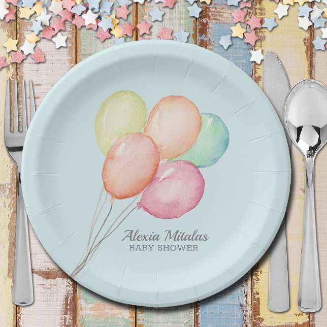 Aquarellballons auf Blue Boy Baby Dusche Pappteller (Watercolor Balloons on Blue Boy Baby Shower  Paper Plates)