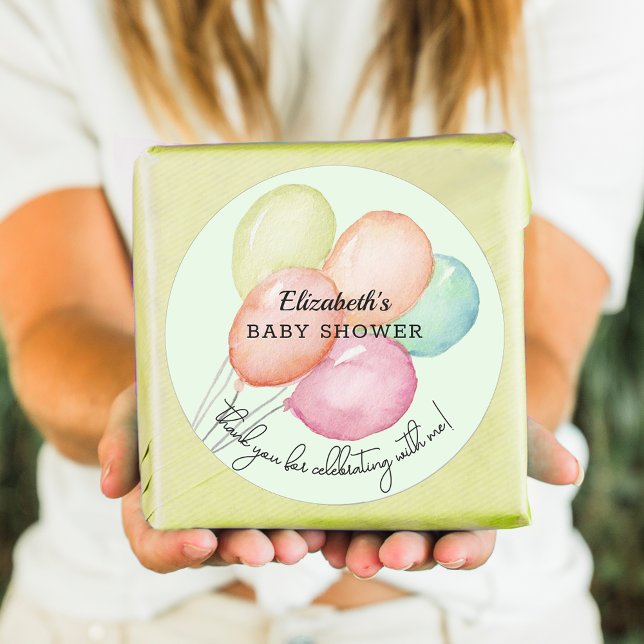 Aquarellballons auf der Green Baby Dusche Runder Aufkleber (Watercolor balloons on pale green unisex baby shower round favor stickers)