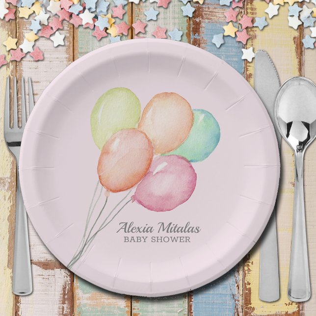 Aquarellballons auf der Pink Baby Dusche Pappteller (Watercolor Balloons on Pink Girl Unisex Baby Shower Paper Plates)