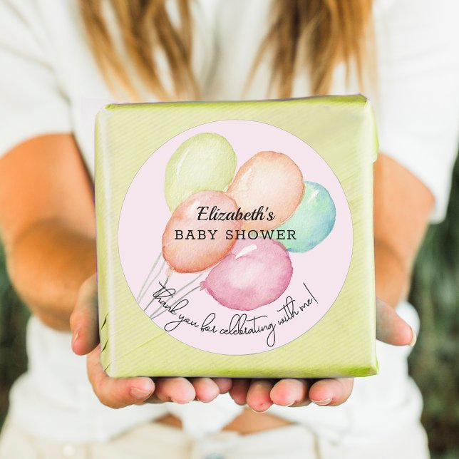 Aquarellballons auf der Pink Baby Dusche Runder Aufkleber (Watercolor balloons on pink girl  baby shower round favor stickers)