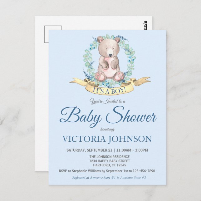 Aquarellbär Blue Floral Boy Babydusche Einladung Postkarte (Vorne/Hinten)